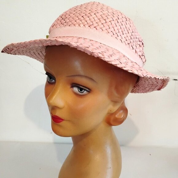 1970s Vintage Pink Straw Hat With Rose - Picture 3 of 6